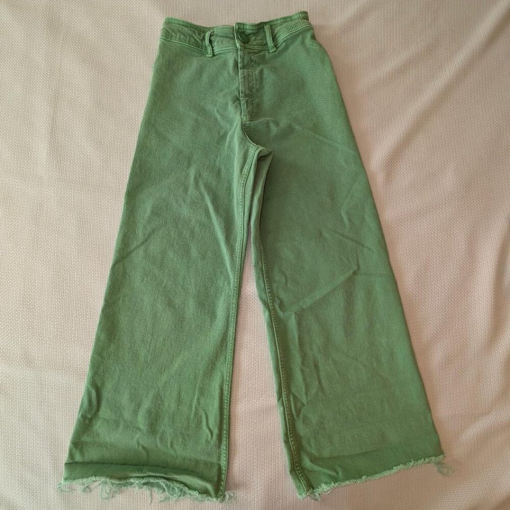 ZARA WIDE LEG GREEN DENIM JEANS; Sz. 4; Frayed Raw hem